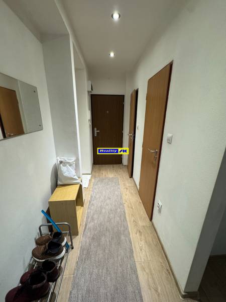 A hallway with a wood-patterned floor in a 2-room apartment with a mirror and a wardrobe.