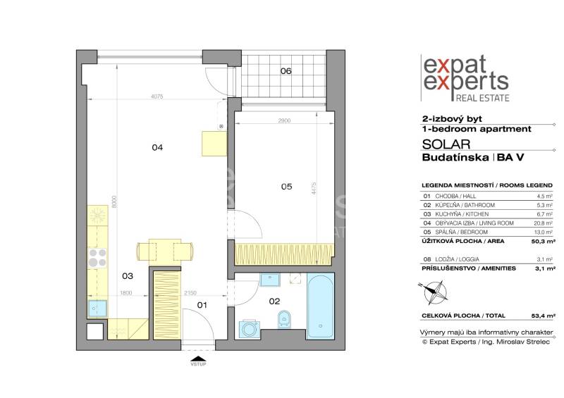 Floor plan of a 2-room apartment on Budatínska Street with a loggia and practical layout.