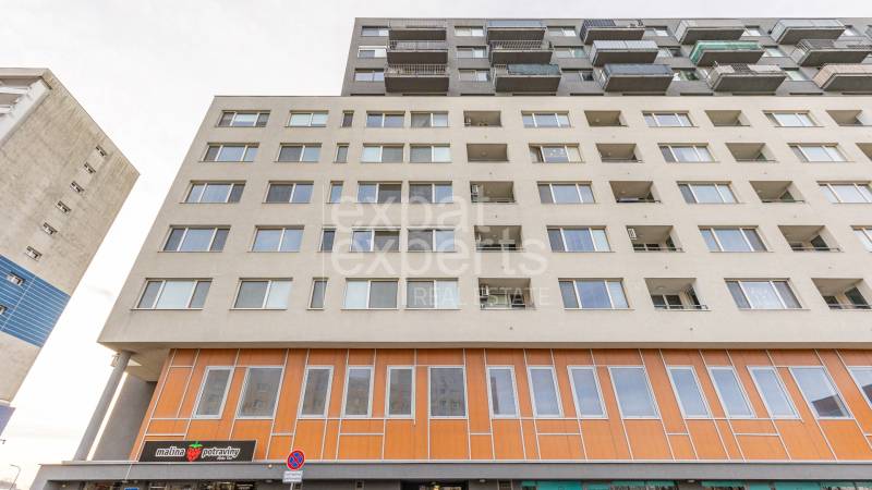 Building on Budatínska Street in Bratislava-Petržalka with 2-room apartments and commercial spaces.