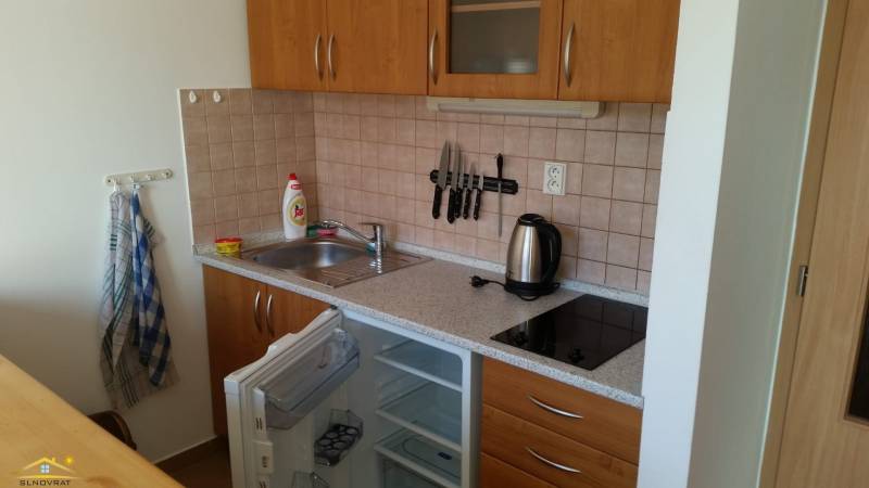 Kitchen unit with a cooktop, open refrigerator, and storage space in a recreational apartment.