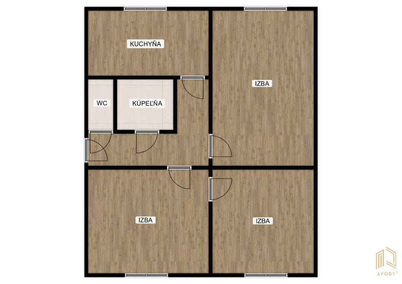 Floor plan of a 3-room apartment with a kitchen, bathroom, and toilet.