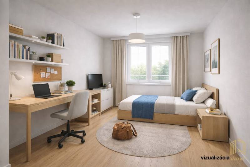 A bedroom in a 3-room apartment with a wooden decor floor, a desk, and a bed.