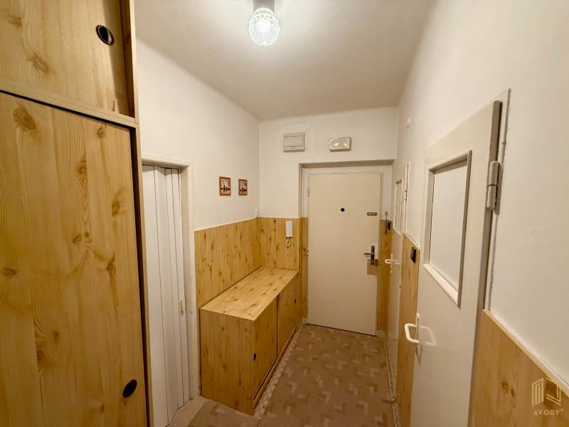A hallway with built-in wardrobes and walls in a wooden decor in a 3-room apartment.