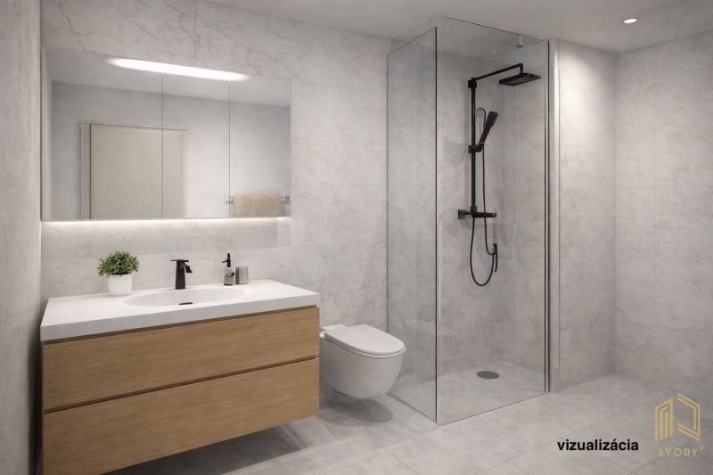 Bathroom in a 3-room apartment with an open shower and wooden decor on the cabinet.