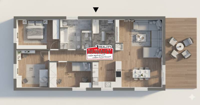 Floor plan of a family house with three rooms and a terrace, flooring with a wooden decor.