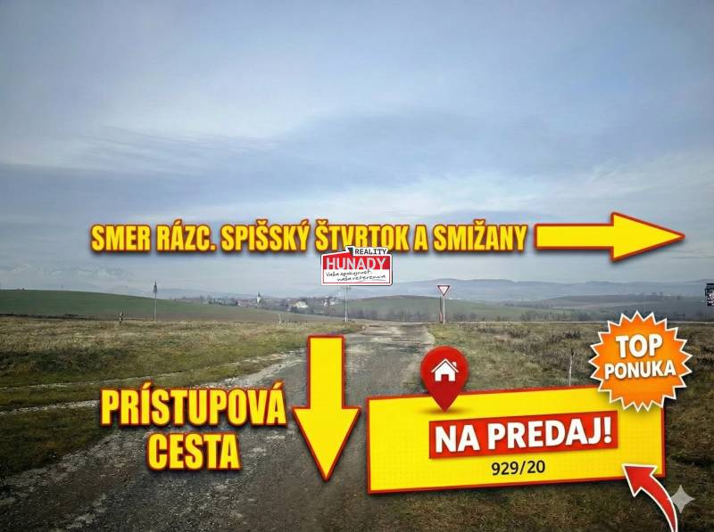 Sale of land in Spišské Tomášovce with an access road and surrounding countryside.