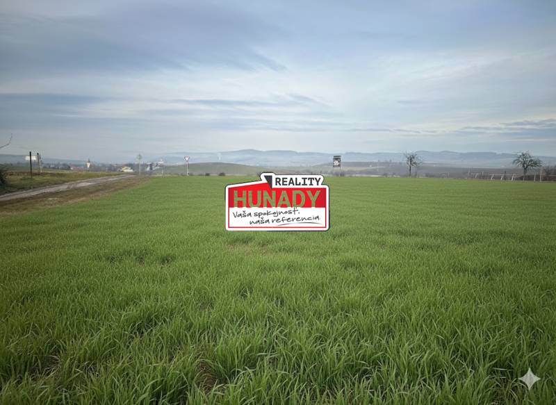 A field with a real estate sign in Spišské Tomášovce for building a family house, with a view of the mountains.
