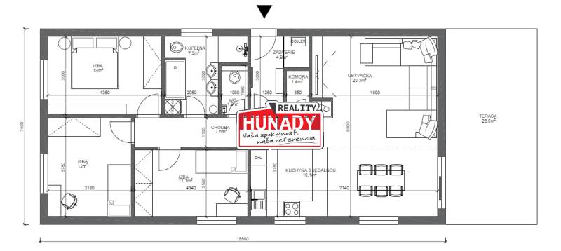 Floor plan of a family house with three rooms, a living room, and a kitchen with a dining area.