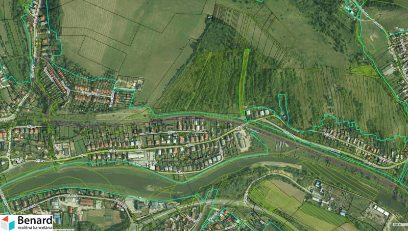Aerial map of agricultural and forest lands in Stará Ľubovňa with highlighted boundaries.