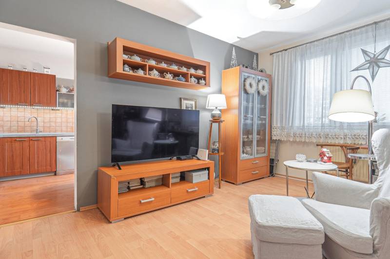 Living room in a 4-room apartment with access to the kitchen, wooden decor flooring.