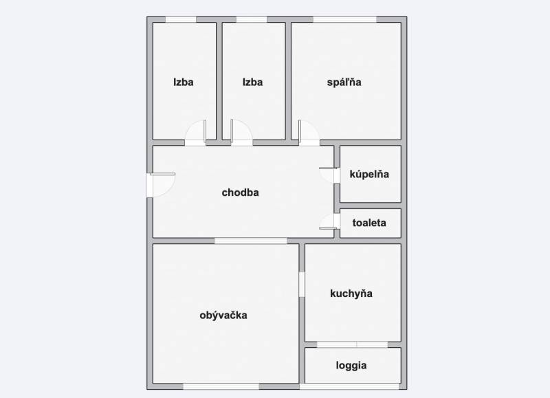 Floor plan of a 4-room apartment with a living room, bathroom, kitchen, and loggia.