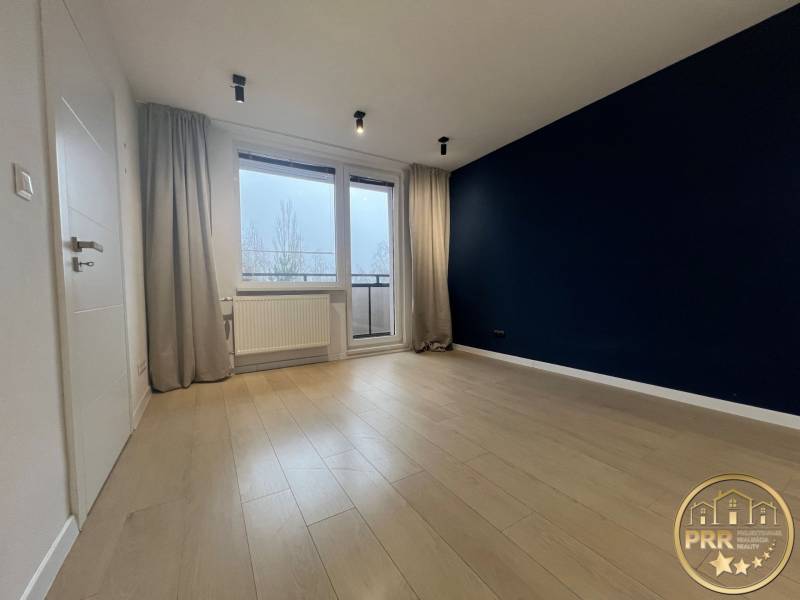 A room in a 3-room apartment with a dark wall and a floor with a wood decor.