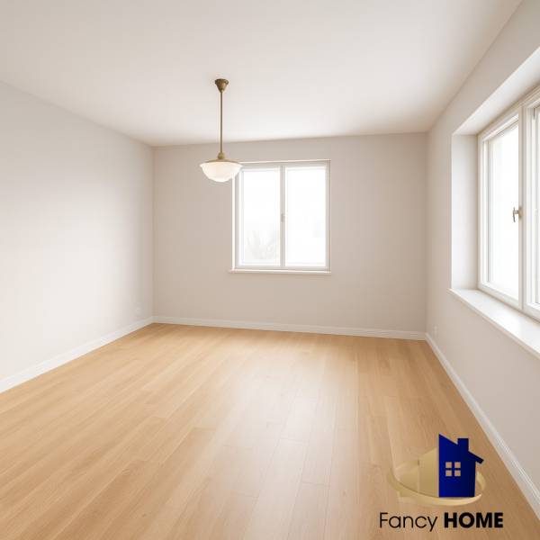 A room with a wooden decor floor and a light fixture in a family house.