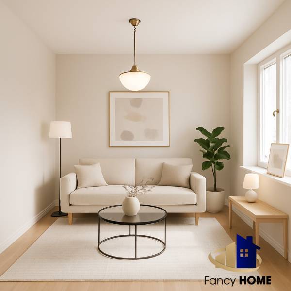 Bright living room in a family house with a comfortable sofa and a window.