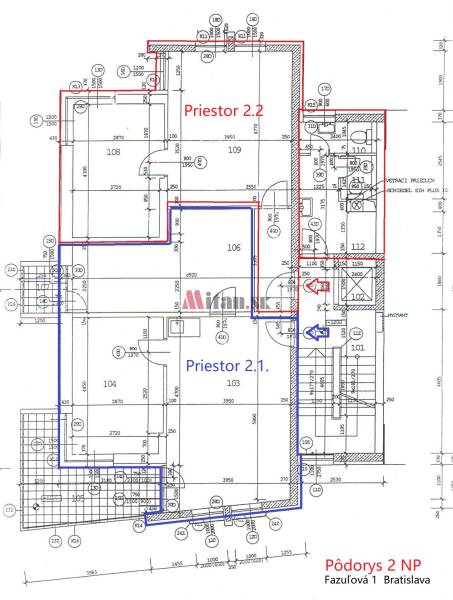 Floor plan of offices on Fazuľová in Bratislava showing rooms of space 2.1 and 2.2.