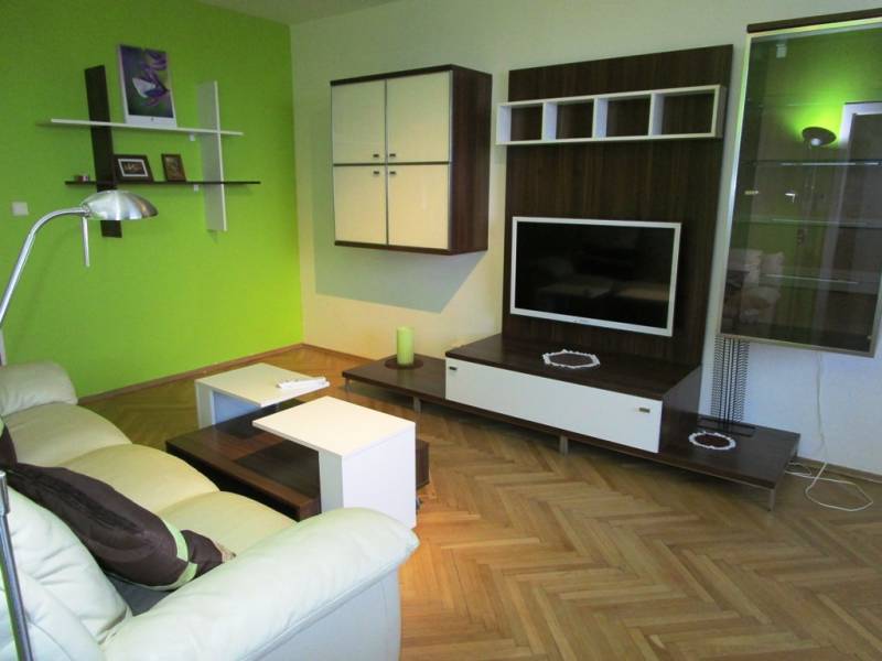 Living room with wood-patterned flooring, a sofa, and a television in a two-room apartment.