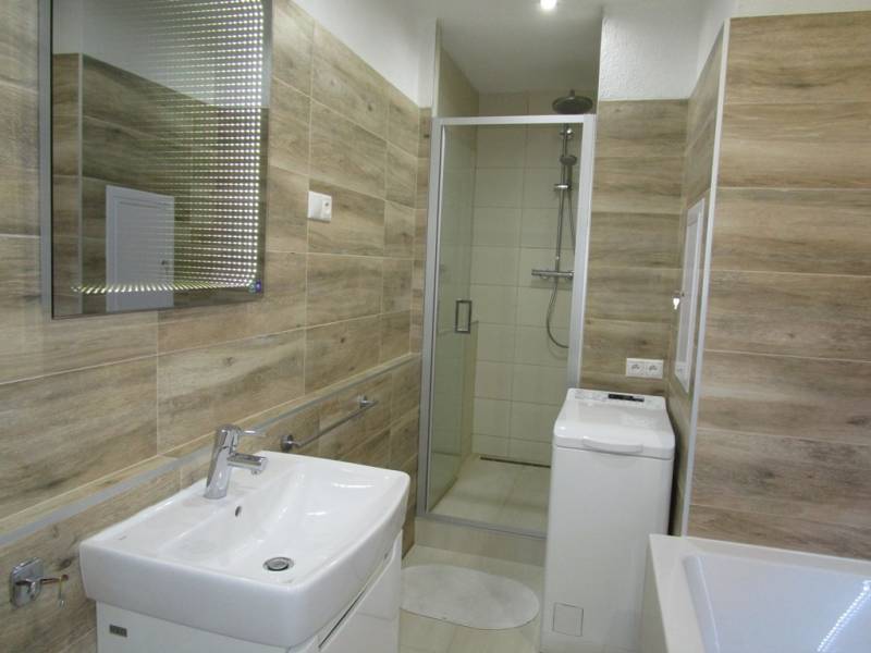 Bathroom with wood-patterned flooring, shower corner, and washing machine in a 2-room apartment.