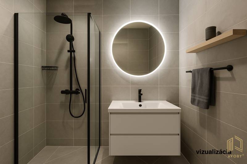 Bathroom with illuminated mirror and shower in a 2-room apartment.