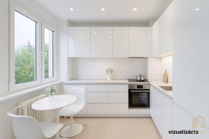 A kitchen in a 2-room apartment with a white kitchen unit, a dining table, and large windows.
