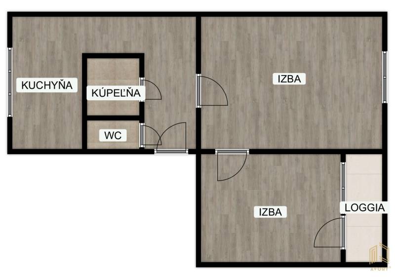 Floor plan of a 2-room apartment: kitchen, bathroom, toilet, rooms, loggia, floor with wooden decor.