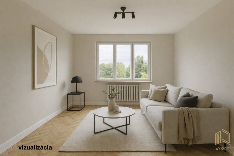 Living room in a two-room apartment with a wooden decor floor, sofa, and table.