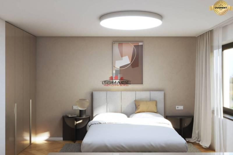 A bedroom in a family house with a bed, wardrobe, nightstands, and a floor with a wooden decor.