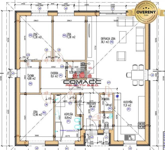 The floor plan of the family house on Špačince Street shows the layout of the rooms and the kitchen.