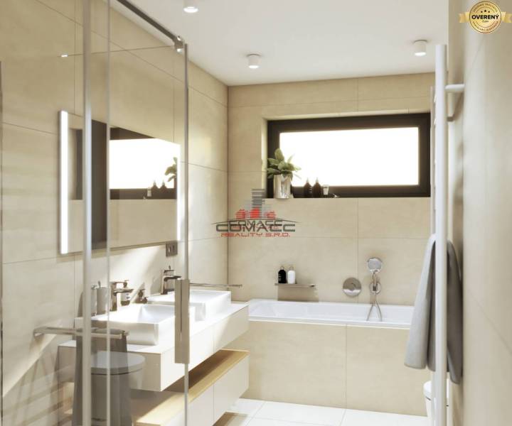 Bathroom in a family house with a bathtub, shower, and light tiles.