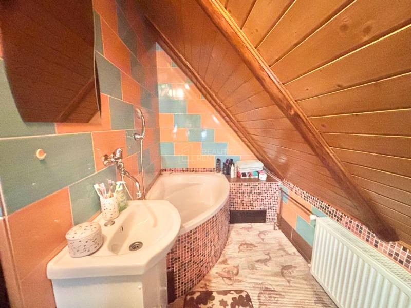 A bathroom in a family house with a bathtub, a sink, and a sloped wooden ceiling.