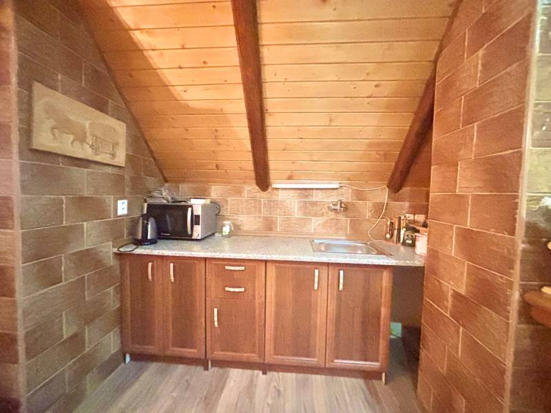 Attic kitchen in a family house with stone walls and wooden floor decor.