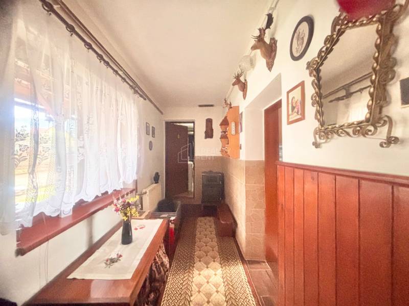 The interior of a family house with hunting trophies, a mirror, and a decorative table.