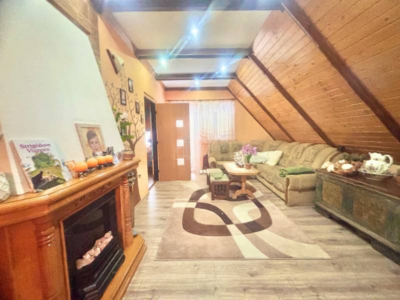 Living room in a family house with a fireplace, sofa, and wooden decor flooring.
