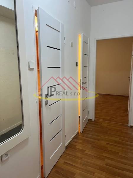 A hallway in a 2-room apartment with a wooden decor floor and white doors.