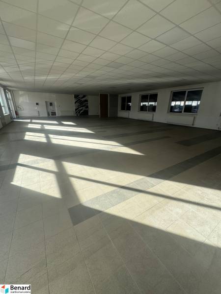 Spacious commercial spaces with large windows and ceiling panels, tiled floor.