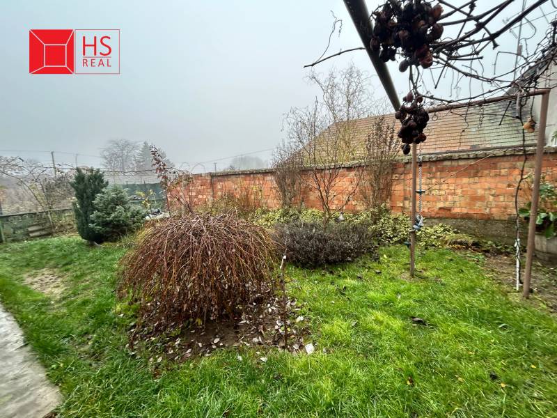 The garden of a family house on Bešeňovská Street in Dvory nad Žitavou with a lawn and shrubs.