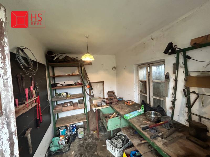 A workshop in a family house with shelves and a workbench, full of tools and materials.
