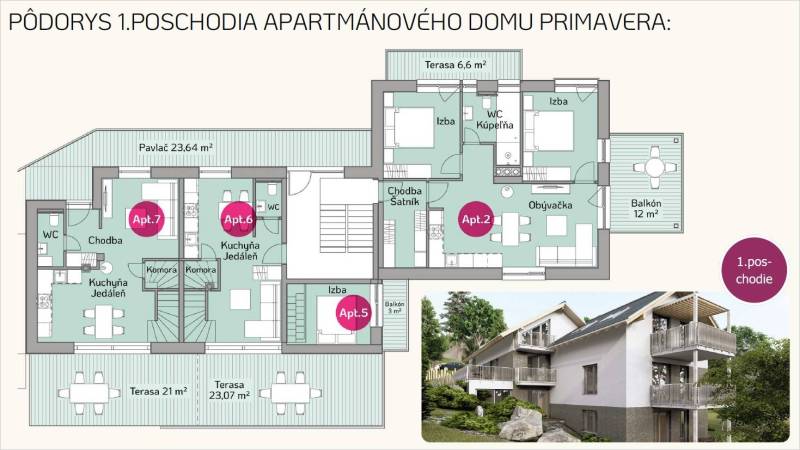 Floor plan of the first floor of the Primavera apartment building with a terrace in Starý Smokovec.