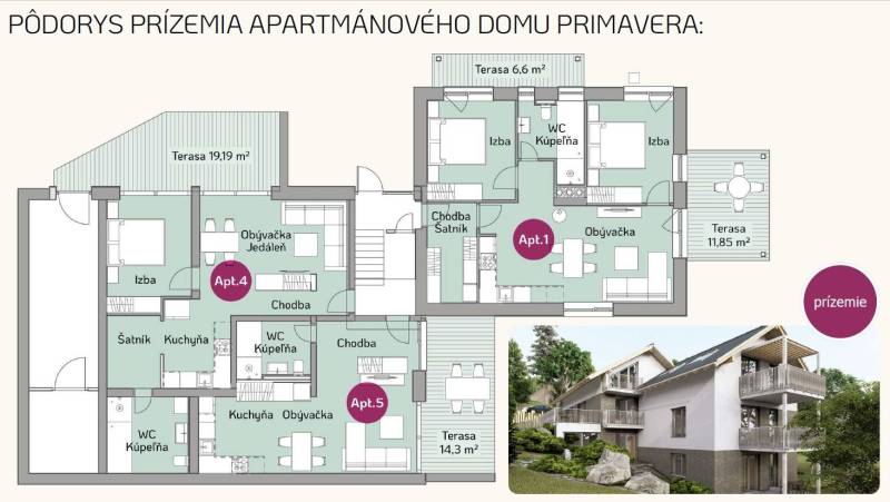 Ground floor plan of the Recreational Apartment in Starý Smokovec showing rooms and terraces.