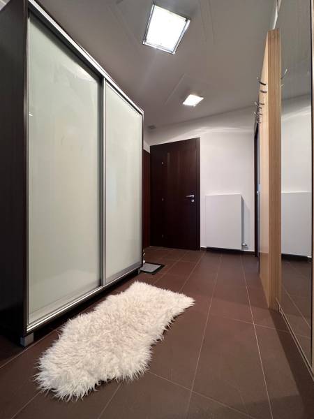 Entrance hall in a 2-room apartment with a built-in wardrobe and a white carpet on the floor.