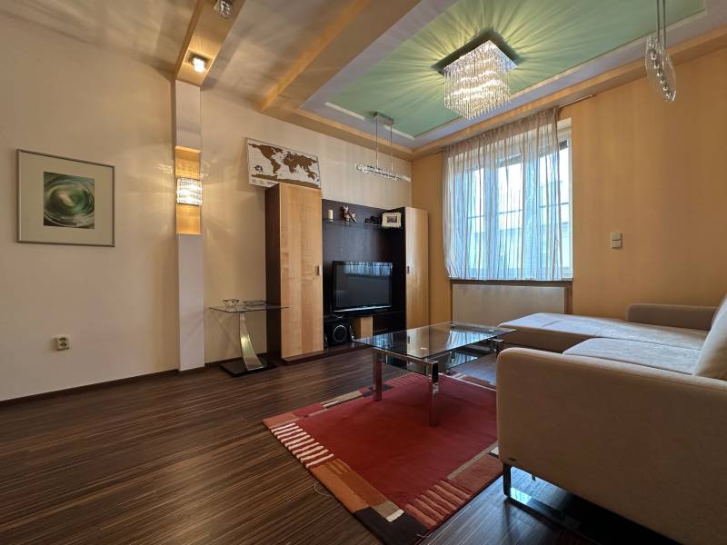 Living room of a two-room apartment with a sofa, television, wood-patterned flooring, and lighting fixtures.