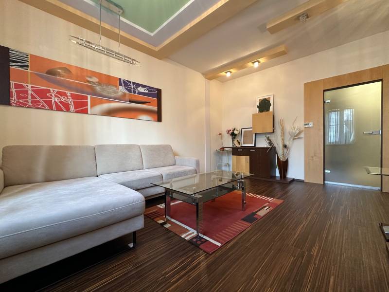 Living room in a two-room apartment with a sofa, glass table, and wooden decor flooring.