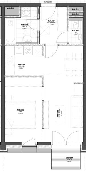 Floor plan of a 2-room apartment with an entrance hall, kitchen, room, balcony, and bathroom.