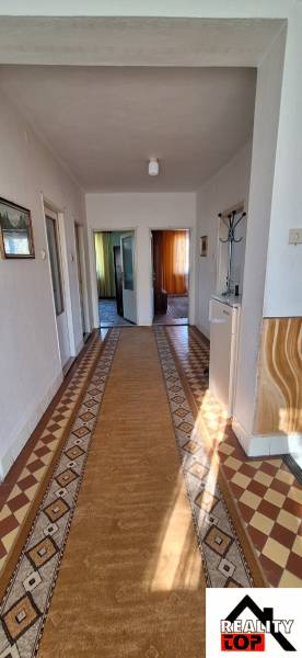 A hallway in a family house with a carpet and tiles with a geometric pattern.
