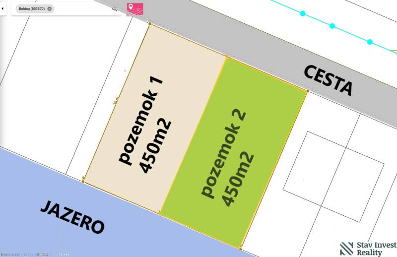 The map shows **plots - housing** in Boldog by the lake, both 450m².
