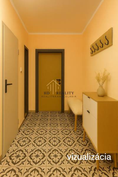 A hallway in a 3-room apartment with a patterned floor and a coat rack on the wall.