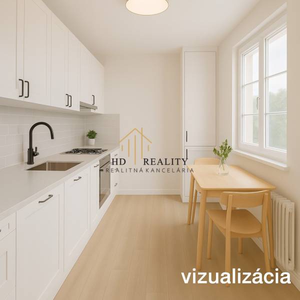 A kitchen in a 3-room apartment with a wooden floor decor, white cabinets, and a dining table.