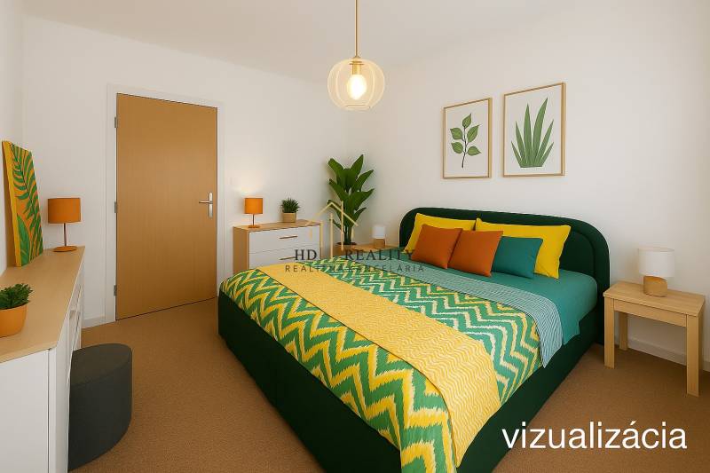 A bright bedroom with a bed, colorful bedding, and plant decorations in a 3-room apartment.
