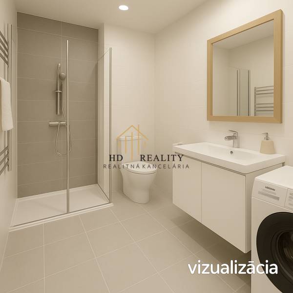 A bathroom in a 3-room apartment with a shower, sink, and washing machine.