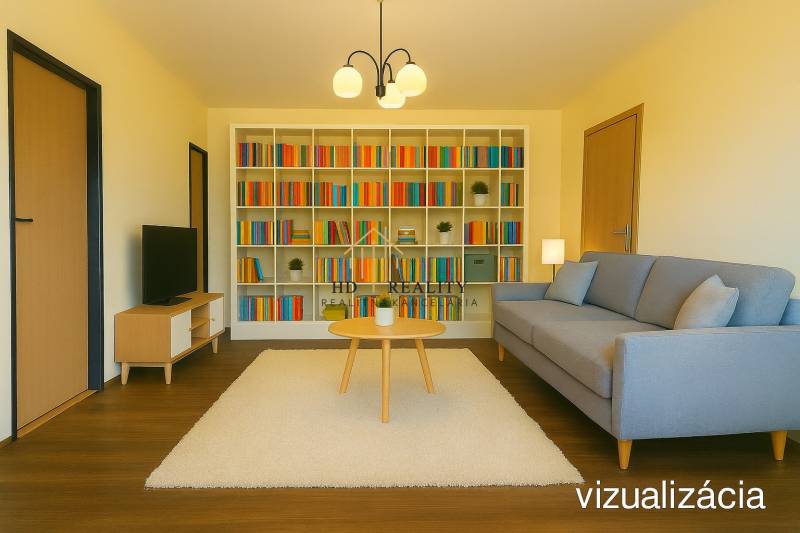 Living room in a three-room apartment with shelves, a gray sofa, and a wooden decor floor.