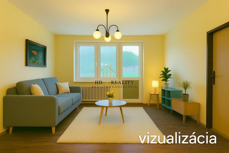 Living room in a 3-room apartment with a sofa, table, and wooden decor flooring.